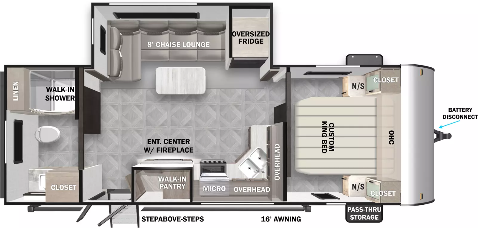 The 22RBS has one slideout and one entry. Exterior features front pass through storage, battery disconnect, StepAbove entry steps, and 16 foot awning. Interior layout front to back: custom king bed with overhead cabinet and closet with night stand on each side; off-door side slideout with oversized refrigerator, and chaise lounge with table; kitchen counter with sink wraps from inner wall to door side with overhead cabinet, microwave, cooktop, entertainment center with fireplace below and walk-in pantry behind, and entry door; rear full shower with linen cabinet, closet, and walk-in shower.