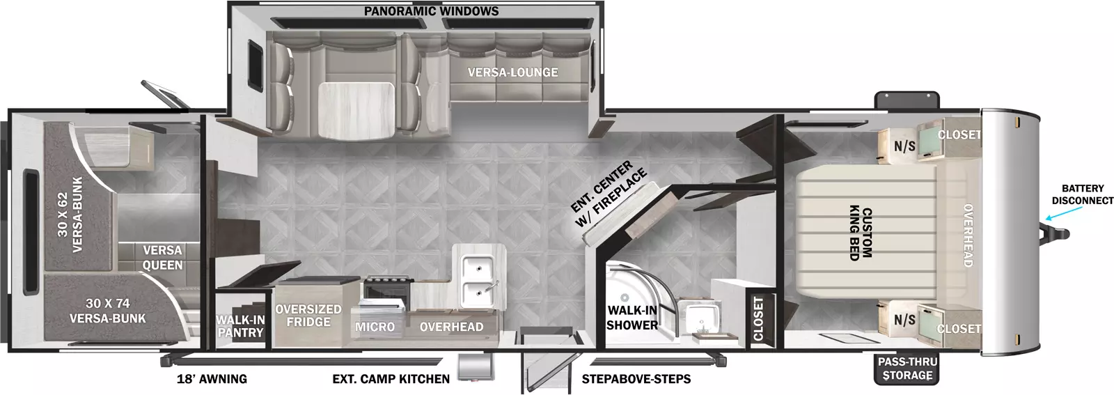 The 29VBUD has one entry and one slideout. Exterior features front pass-through storage, battery disconnect, StepAbove entry steps, exterior camp kitchen, and 18 foot awning. Interior layout front to back: custom king bed with overhead cabinet and closet with night stand on each side, and closet; door side side-aisle full bathroom with walk-in closet; angled entertainment center with fireplace along inner wall; off-door side slideout with versa lounge dinette and panoramic windows; door side entry, kitchen counter with sink wraps to door side with overhead cabinet, microwave, cooktop, oversized refrigerator, and walk-in pantry; rear bunk house with versa queen below, and versa bunks above on door side and rear.