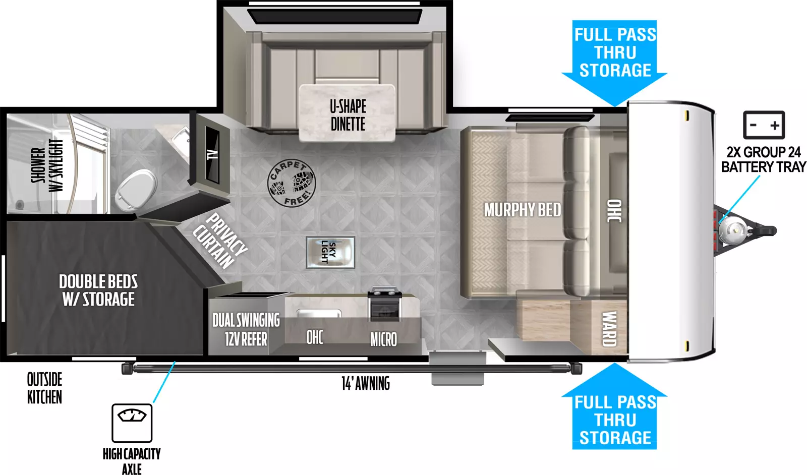 The 178BHSK has one slideout and one entry. Exterior features front pass-through storage, 2x group 24 battery tray, outside kitchen, high capacity axle, and 14 foot awning. Interior layout front to back: carpet-free RV; murphy bed sofa with overhead cabinet and door side wardrobe; off-door side u-shaped dinette slideout; door side entry, kitchen counter with cooktop, microwave, overhead cabinet, sink, skylight, and dual swinging 12 volt refrigerator; TV along inner wall; rear off-door side full bathroom with shower with skylight; rear door side double bunk beds with storage and privacy curtain.