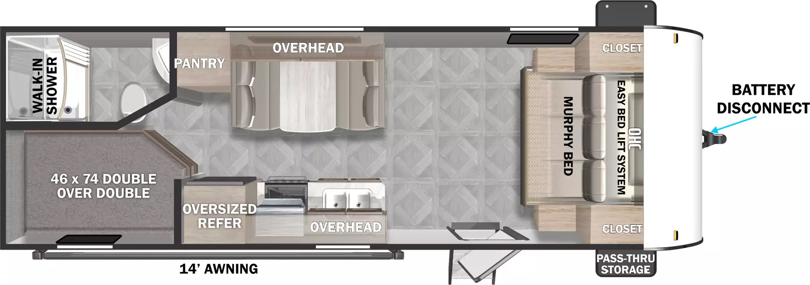 The 220BHXL has zero slideouts and one entry. Exteriors features front pass through storage, battery disconnect, and 14 foot awning. Interior layout front to back: murphy bed/sofa with easy bed lift system, overhead cabinet and closets on each side; off-door side dinette with overhead cabinet and pantry; door side entry, kitchen counter with sink, overhead cabinet, cooktop, and oversized refrigerator; rear off-door side full bathroom with walk-in closet; rear door side double over double bunks.
