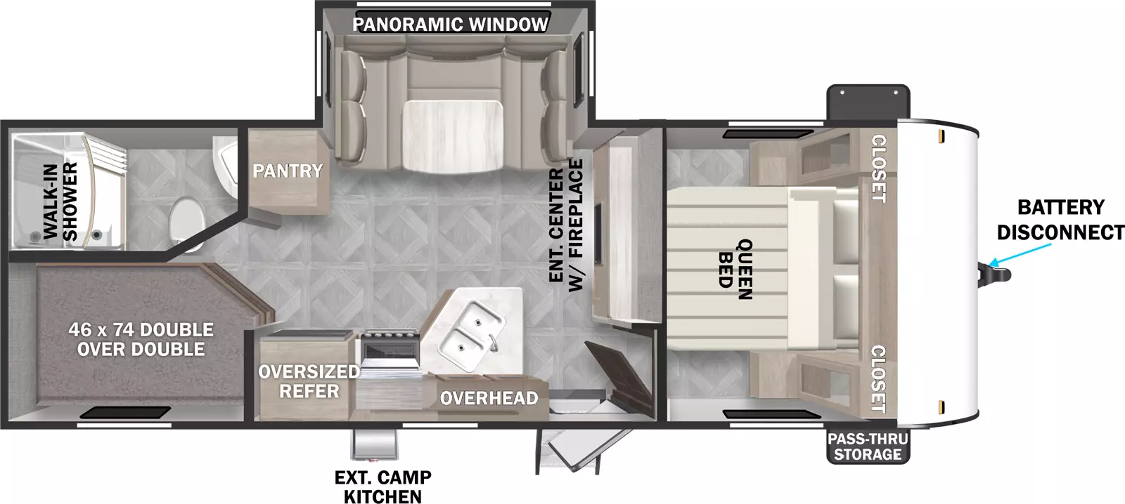 The 243BHXL has one entry and one slideout. Exterior features front pass-through storage, battery disconnect, and exterior camp kitchen. Interior layout front to back: Queen bed with closets on each side; entertainment center with fireplace along inner wall; off-door side slideout with u-dinette and panoramic window; door side entry, peninsula kitchen counter with sink wraps to door side with overhead cabinet, cooktop, and oversized refrigerator; off-door side pantry; rear off-door side full bathroom with walk-in shower; rear door side double over double bunks.