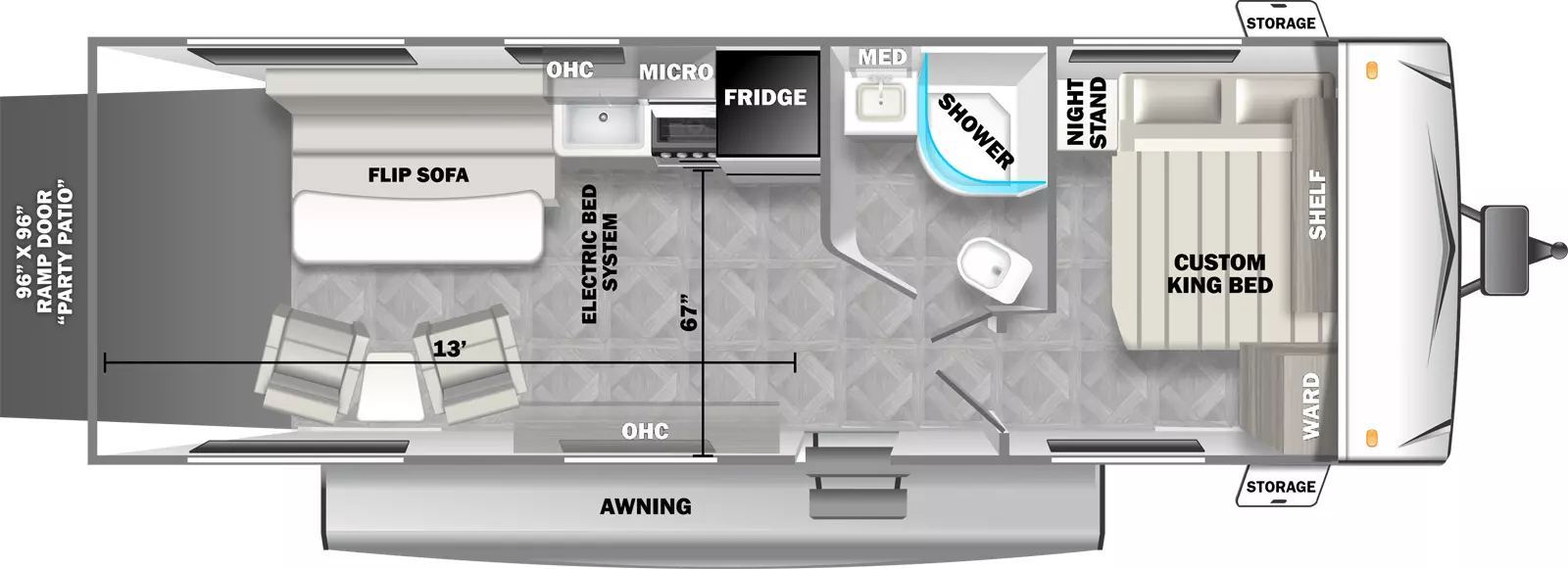 The 211SSXL has one entry, zero slideouts, and a rear ramp door. Exterior features front storage on both sides, awning, and ramp door party patio. Interior layout front to back: side-facing custom king bed, shelf above, night stand along off-door side, and wardrobe on door side; off-door side side-aisle full bathroom with medicine cabinet; entry door; off-door side refrigerator, cooktop, microwave, kitchen counter with sink, and overhead cabinet; door side overhead cabinet; rear off-door side flip up sofa with table, and door side chairs with end table. Garage dimensions: 13 foot long, 67 inches wide, 96 inch by 96 inch patio door.