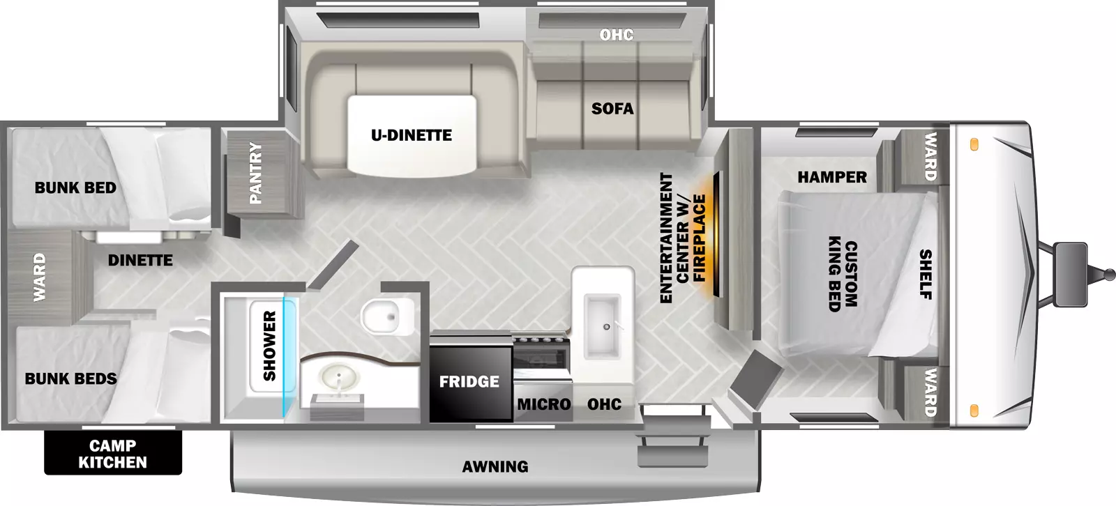 The T3050 has one slideout and one entry. Exterior features camp kitchen, and awning. Interior layout front to back: custom king bed with shelf above, wardrobes on each side, and off-door side hamper; entertainment center with fireplace below along inner wall; off-door side slideout with sofa, overhead cabinet, and u-dinette, and a pantry; door side entry, peninsula kitchen counter with sink wraps to door side with overhead cabinet, microwave, cooktop and refrigerator; door side side-aisle full bathroom; rear bunk room with door side bunk beds, off-door side dinette below with bunk above, and wardrobe one the rear wall between them.