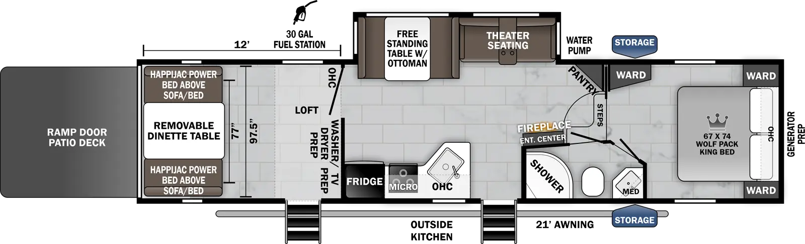 The 315PACK12 has one slide out on the off-doorside and two entry doors on the door side. Exterior features include a rear ramp door/ party patio, 21 foot awning over an outside kitchen on the door side, 30 gallon fuel station on the rear off-door side and storage/ generator prep at the front. Interior layout from front to back: front bedroom with Wolf Pack king bed 60 x 74 foot facing bed; side aisle pass through bathroom; kitchen living dining area with off-door side slide out containing a dinette and sofa with theater seat option; entertainment center with fireplace facing the slide out; door side kitchen with refrigerator, overhead microwave, cook top stove, overhead cabinet and single basin kitchen sink; and rear cargo area with folding dinette table and Happijac lift bed system.