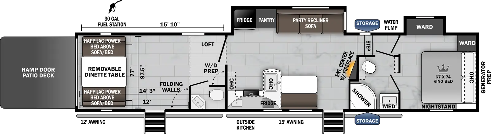 The 365PACK16 has two slide outs, both on the off-door side, and two entry doors on the door side. Exterior features include a rear ramp door/party patio, off-door side 30 gallon fuel station, 12 foot and 15 foot awnings on the door side, outside kitchen on the door side and storage/generator prep in the front. Interior layout from front to back: front bedroom with foot facing Wolf Pack 67 x 74 king bed and off-door side slide out holding the wardrobe with night stand; side aisle pass through bathroom; kitchen living dining area with off-door side slide out containing the refrigerator, pantry and party recliner sofa; door side kitchen counter featuring overhead cabinetry, microwave, stove top and single basin sink; half bath exiting into cargo area; cargo area with loft above, folding dinette table and Happijack Sofas.