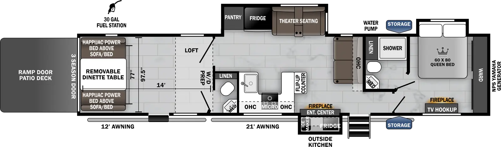 The 4500PACK14D has 3 slideouts, 1 entry door and a rear ramp door with "Party Patio". Exterior features include camera preps in the rear and both front corners, generator location in the front, a 12 ft. awning and 21 ft. awning, outside kitchen with ice maker and refrigerator, and outside TV. Interior layout from front to back includes: front bedroom with off-door bed slide out, front wardrobe, TV prep and fireplace across from the bed; bathroom accessed from bedroom with shower, linen storage, toilet and vanity; down 2 steps takes you to the living and kitchen area; entertainment center with fireplace on door side near entry door; rear facing sofa with overhead cabinet; U-shaped kitchen counter setup on the door side with overhead cabinet and microwave, stovetop, and single basin sink; off-door side slide out containing a pantry, refrigerator, and home theater seating; rear cargo area with loft above, TV and cargo area camera prep; half bathroom connected to cargo area; folding dinette table at rear of cargo area; cargo area measures 97 inches wide by 14 ft deep.