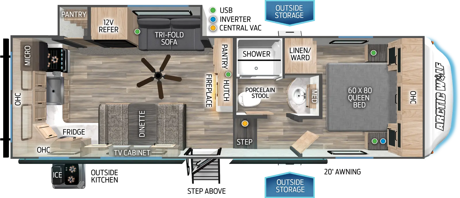 The 23MLE has one slideout and one entry. Exterior features outside storage, outside kitchen with ice maker and refrigerator, StepAbove entry step, and 20 foot awning. Interior layout front to back: queen bed with overhead cabinet, and off-door side linen/wardrobe cabinet; off-door side full bathroom with medicine cabinet and porcelain stool; two steps down to main living area and entry; hutch with fireplace below, and pantry along inner wall; off-door side slideout with tri-fold sofa, 12 volt refrigerator, and pantry; door side dinette with TV cabinet above, and paddle fan; door side kitchen counter wraps from door side to rear with overhead cabinet, sink, cooktop and microwave.