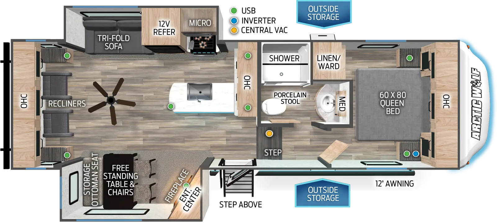 The 27SGS has two slideouts and one entry. Exterior features outside storage, StepAbove entry step, and 12 foot awning. Interior layout front to back: queen bed with overhead cabinet and off-door side linen/storage cabinet; off-door side full bathroom with medicine cabinet and porcelain stool; two steps down to main living area and entry; peninsula kitchen counter with overhead cabinet along inner wall; off-door side slideout with cooktop, microwave, 12 volt refrigerator, and tri-fold sofa; door side slideout with angled entertainment center with fireplace below, and free-standing table and chairs with storage ottoman seat; rear recliners with side tables, overhead cabinet, and paddle fan.