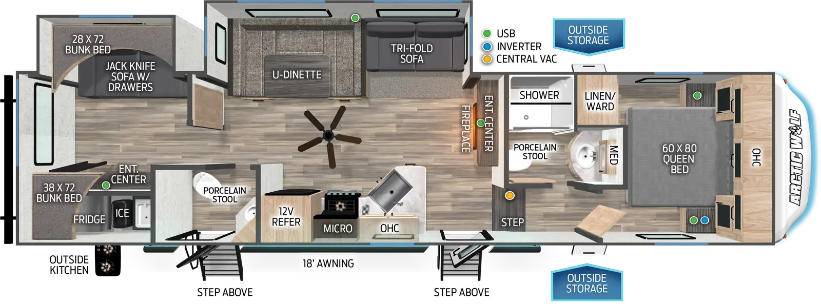 The 321BH has two slideout on the off-door side, two entry doors, one 18' awning, outside kitchen, and pass-through storage on the exterior. Interior layout front to back: bedroom with front facing residential queen bed, overhead cabinets, and wardrobe closet; off-door side full bathroom with medicine cabinet and linen closet; entertainment center with TV prep and fireplace along inner wall; off-door side slideout with tri-fold sofa and U-Dinette; door side kitchen includes a 12V residential refrigerator, cooktop, with oven, microwave, and sink; door side half bathroom with second entry; rear bunk house.

The 321BH has two slideouts and two entries. Exterior features an 18 foot awning, outside kitchen with ice maker and refrigerator, outside storage, and StepAbove entry step. Interior layout front to back: queen bed with overhead cabinet and off-door side linen/wardrobe cabinet; off-door side full bathroom with medicine cabinet and porcelain stool; two steps down to main living area and entry; entertainment center with fireplace along inner wall; off-door side slideout with tri-fold sofa and u-dinette; door side peninsula kitchen counter with sink, overhead cabinet, cooktop, microwave, 12 volt refrigerator, and paddle fan; door side half bathroom with porcelain stool and second entry; rear bunk room with off-door side slideout with jack knife sofa with drawers below, and bunk bed above, and door side entertainment center below and bunk bed above.