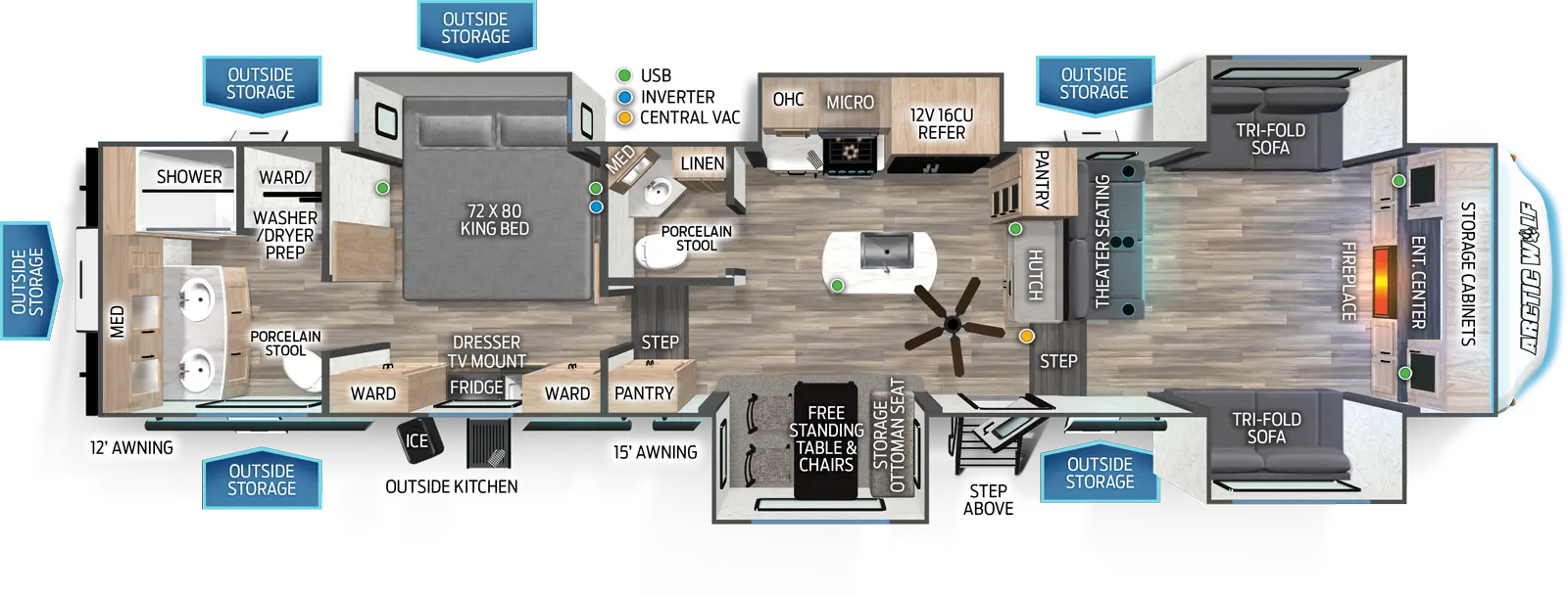 The 3910SUITE has five slideouts and one entry. Exterior features a 12 foot awning, 15 foot awning, multiple outside storage areas, StepAbove entry steps, and outside kitchen with ice maker and refrigerator. Interior layout front to back: front entertainment center with fireplace below and overhead storage cabinets; opposing tri-fold sofa slideouts; theater seating along inner wall; two steps down to kitchen and entry door; hutch and pantry along inner wall; off-door side slideout with 12 volt residential refrigerator, microwave, cooktop and overhead cabinet; kitchen island with sink; door side slideout with free-standing table and chairs with storage ottoman seat; off-door side half bathroom with medicine cabinet, linen cabinet, and porcelain stool; pantry and two steps up to rear bedroom area; off-door side king bed slideout, and door side dresser TV mount and wardrobes on either side; rear full bathroom with dual sinks, medicine cabinet, porcelain stool, and wardrobe with washer/dryer prep.