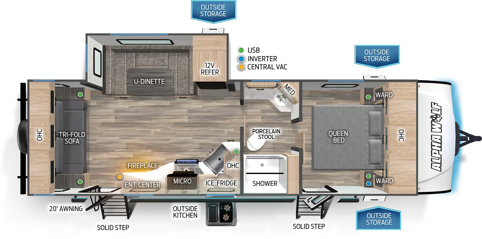 The 2500RL-L has one slideout and two entries. Exterior features a 20 foot awning, SolidStep entries, outside storage, and outside kitchen with ice maker and refrigerator. Interior layout front to back: foot facing queen bed with overhead cabinet and wardrobes on each side, and entry door; split pass through full bathroom with medicine cabinet and porcelain stool; off-door side slideout with 12 volt refrigerator and u-dinette; kitchen counter with sink wraps from inner wall to door side with overhead cabinet, microwave, cooktop, entertainment center with fireplace below, and second entry door; rear tri-fold sofa with overhead cabinet.