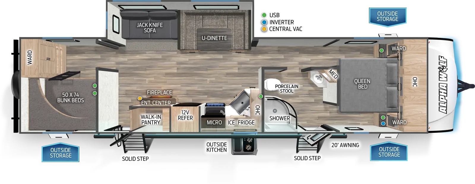 The 30 RDB-L has one slideout and two entries. Exterior features a 20 foot awning, SolidStep entries, outside storage, and outside kitchen with ice maker and refrigerator. Interior layout front to back: foot facing queen bed with overhead cabinet and wardrobes on each side; door side pass through full bathroom with medicine cabinet, porcelain stool, and entry door; off-door side slide out with u-dinette and jack knife sofa; kitchen countertop with sink wraps from inner wall to door side with cooktop, microwave, 12 volt refrigerator, entertainment center with fireplace, walk-in pantry, and second entry; rear bunk room with door side bunk beds and rear off-door side wardrobe.