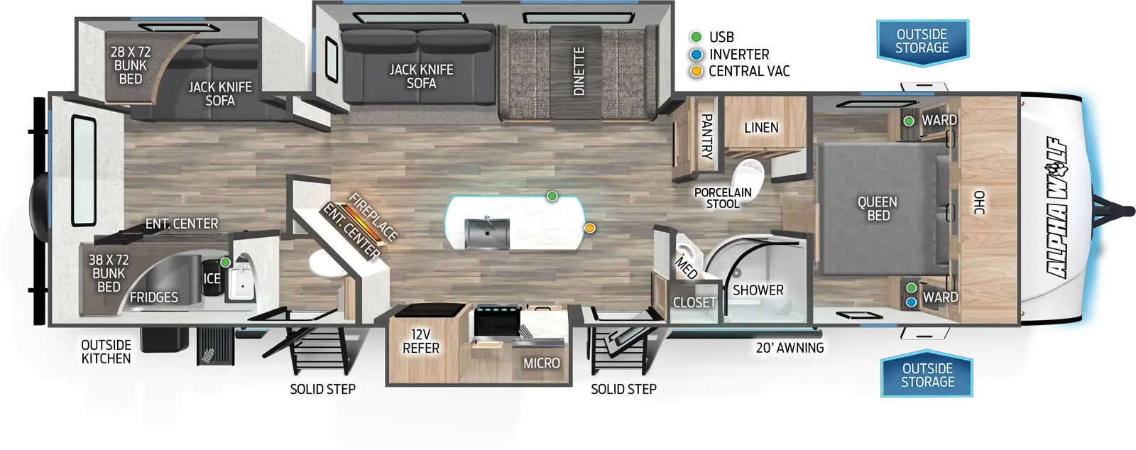 The 33BH-L has three slideouts and two entries. Exterior features a 20 foot awning, SolidStep entries, outside storage, and outside kitchen with refrigerators and ice maker. Interior layout front to back: foot facing queen bed with overhead cabinet and wardrobes on each side; split pass-through full bathroom with linen closet, porcelain stool, and medicine cabinet; pantry along inner wall; off-door side slideout with dinette and jack knife sofa; door side closet, entry door, slideout with microwave, cooktop, overhead cabinet and 12 volt refrigerator, and angles entertainment center with fireplace below; kitchen island with sink; rear bunk house with off-door side slideout with jack knife sofa below and bunk bed above, door side half bathroom with second entry, and door side entertainment center below with a bunk bed above.