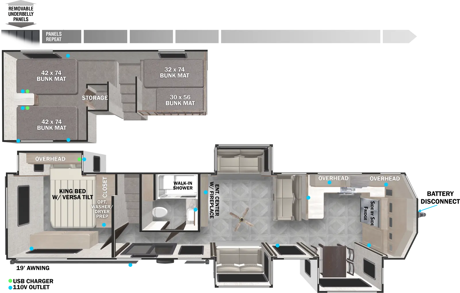 The 42FK has four slideouts and one entry. Exterior features removable underbelly panels, 19 foot awning and battery disconnect. Interior layout front to back: Kitchen with front side-by-side refrigerator, off-door side counter that wraps along inner wall with overhead cabinets, and door side dining slideout; mid living area with opposing seating slideouts, paddle fan, and seating opposite entertainment center with fireplace; off-door side full bathroom with walk-in shower across from patio door entry; stairs to loft area with four bunk mats and storage above bathroom and rear bedroom; rear bedroom with off-door versa-tilt king bed slideout with overhead cabinet, and a closet with optional washer/dryer prep.