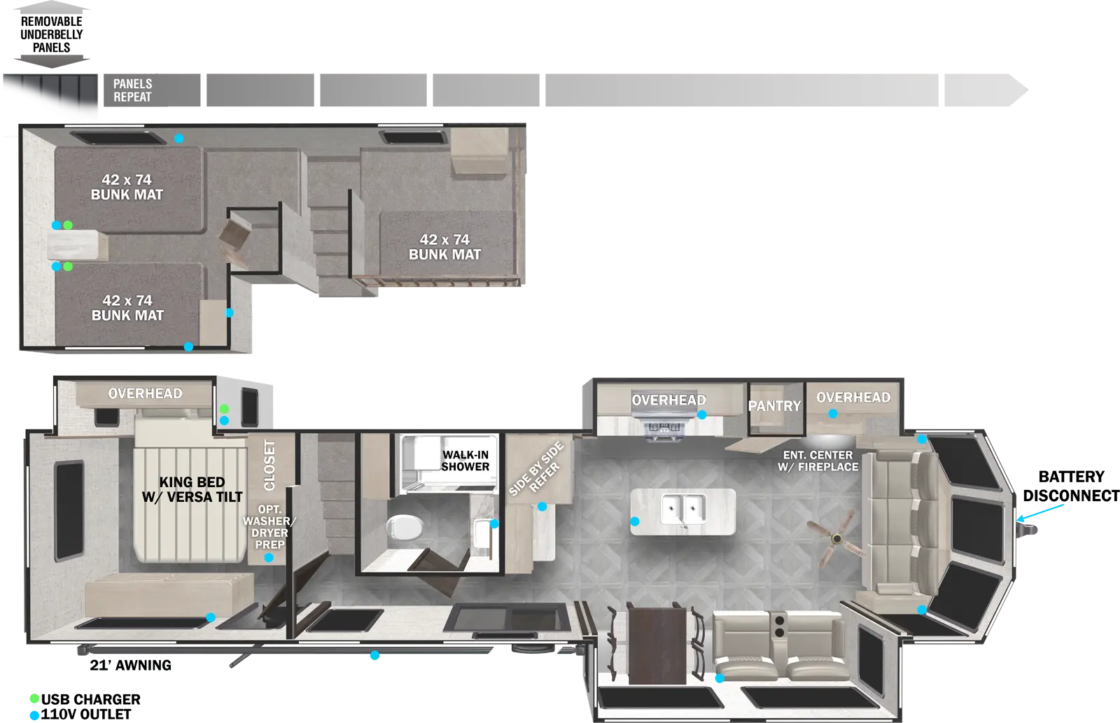 The 42FLDL has three slideouts and two entries. Exterior features include a 21 foot awning, battery disconnect, and removable underbelly panels. Interior layout front to back: front seating with paddle fan; door side slideout with seating and dining area; off-door side slideout with entertainment center with fireplace, overhead cabinets, pantry, and kitchen with overhead cabinets; kitchen island with sink; side-by-side refrigerator along inner wall; off-door side full bathroom with walk-in shower across from patio door entry; stairs to loft area with one bunk mat above bathroom, and two bunk mats above bedroom; rear bedroom with closet with optional washer/dryer prep along inner wall, off-door side versa-tilt king bed slideout with overhead cabinets, and second entry.