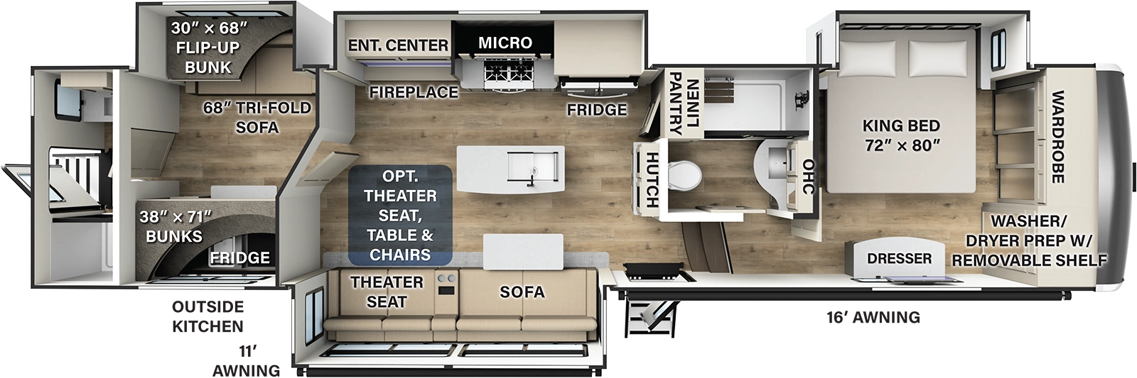 The R375BH has 4 slide outs, 3 on the roadside and 1 on the camp side with entry door on the camp side and entry door on the back. From front to back: the bedroom contains a front wall storage closet and a king size bed in a slide out; side aisle bathroom; 2 steps down into the kitchen and living area consisting of full pantry and center island. The roadside slide out contains the residential refrigerator, stove/oven, entertainment center with TV; the camp side slide out contains a super sofa with removable dinette table and theater seats; the rear bunk room contains a roadside slide out with sleeper sofa and bunk bed, 2 bunk beds above entertainment and storage area with fireplace. Rear bathroom with shower. Camp side outside kitchen in compartment with sink and mini fridge.