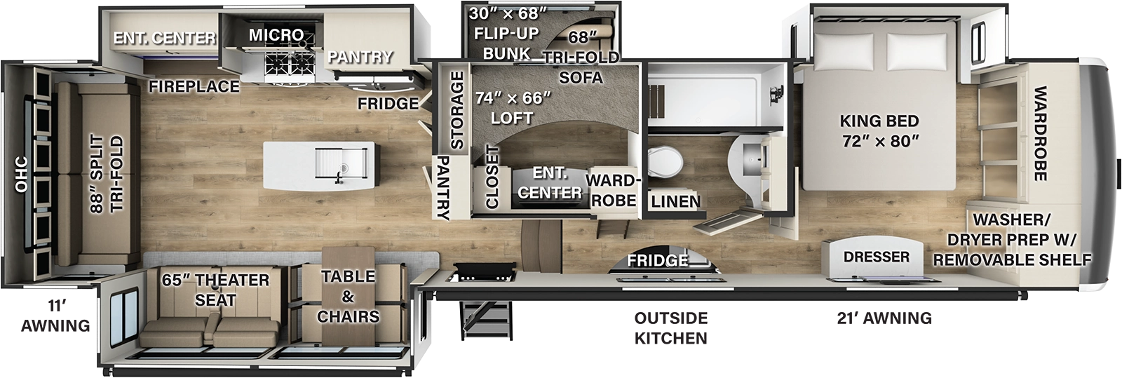 The F379MB has 4 slide outs, 3 on the road side and one on the camp side, along with one entry door on the camp side. Interior layout from front to back: front bedroom with king bed in a slide out; side aisle bathroom; bunk room with road side slide out containing trifold sofa and upper bunk, and cabinetry with TV hookups and loft area above the bunk room; kitchen living dining area with road side slide out containing cooktop and oven, residential refrigerator and TV entertainment area. The camp side slide out containing freestanding table and chairs and theater seating. Kitchen island with double basin sink. Camp side outside kitchen in compartment with sink and mini fridge. 