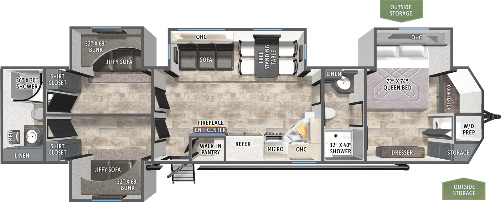 The Puma Vista 39BHK floorplan has one entry and four slide outs. Exterior features include: metal exterior and 21' awning. Interiors features include: bunk beds, front bedroom, rear bathroom, pass through bathroom and two full bathrooms.
