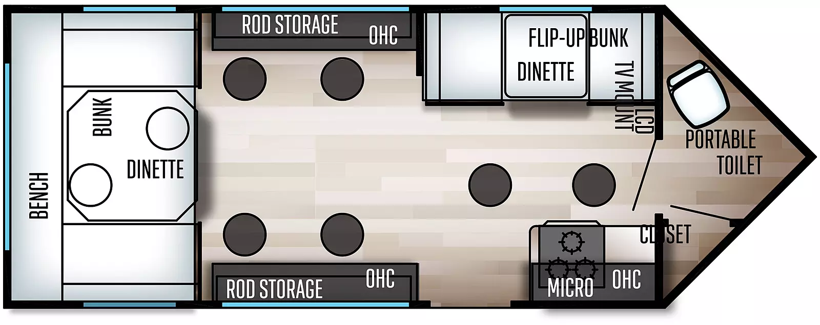 The 16BF has no slide outs and one entry door. Interior layout from front to back: V-nose front with portable toilet and closet in the front nose; flip up bunk over dinette; overhead microwave, stove top and overhead cabinet; opposing wall rod storage and cabinets; 8 fish holes in the floor; rear dinette bunk and bench on the rear wall.