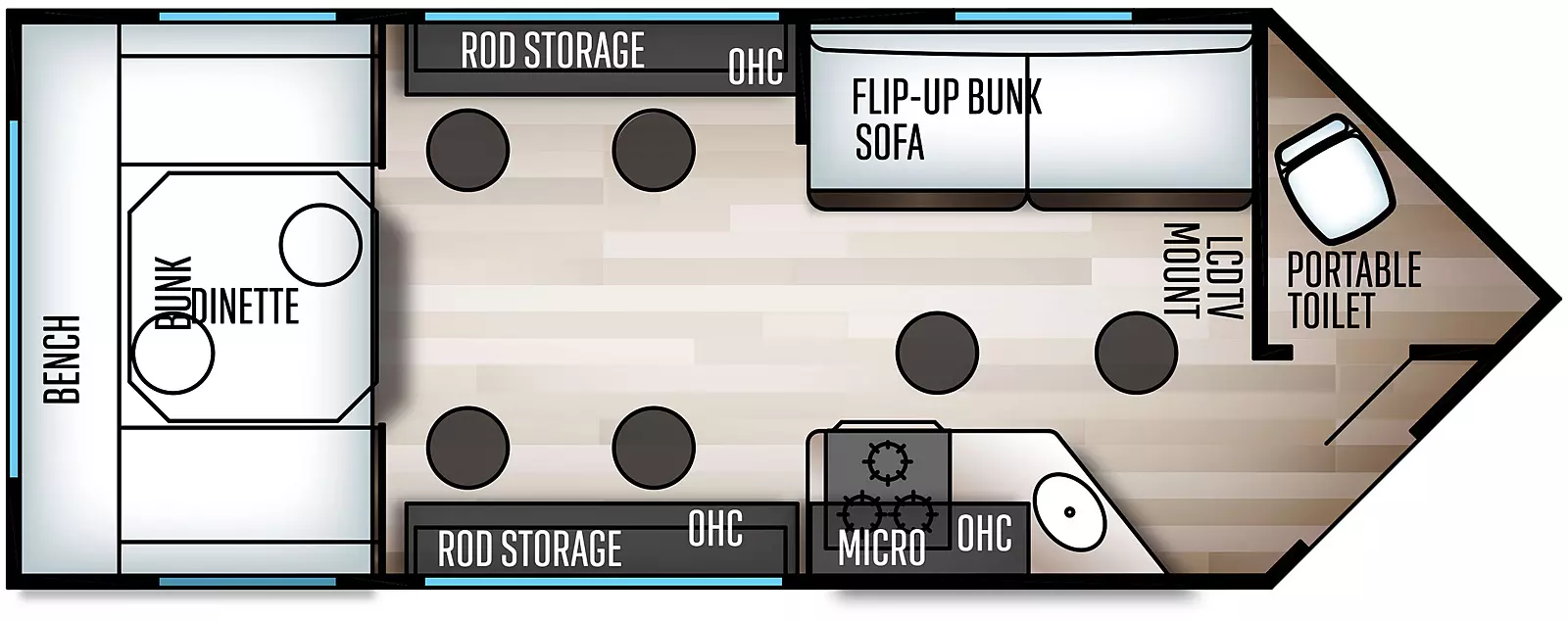 The 16BF has no slide outs and one entry door. Interior layout from front to back: V-nose front with portable toilet in the front nose; flip up bunk over sofa; overhead microwave, stove top and sink; opposing wall rod storage and cabinets; 8 fish holes in the floor; rear dinette bunk and bench on the rear wall.