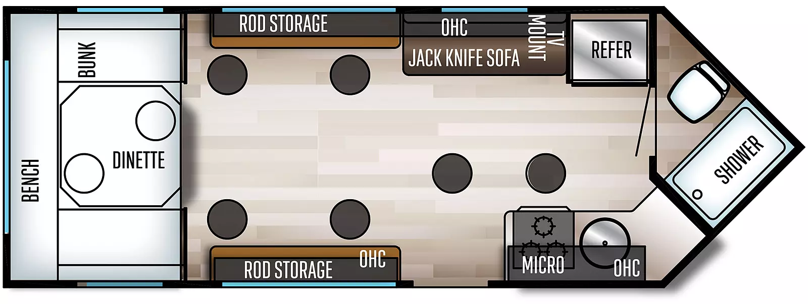 The 17 MP has no slide outs and one entry door. Interior layout from front to back: V-nose front containing a toilet and shower; off-door side jackknife sofa, TV mount, overhead cabinet and refrigerator; door side cook top stove, overhead microwave, overhead cabinet, and single basin round sink; opposing wall rod storage and overhead cabinets; 8 fish holes in the floor; and rear bench, bunk and dinette on the back wall.