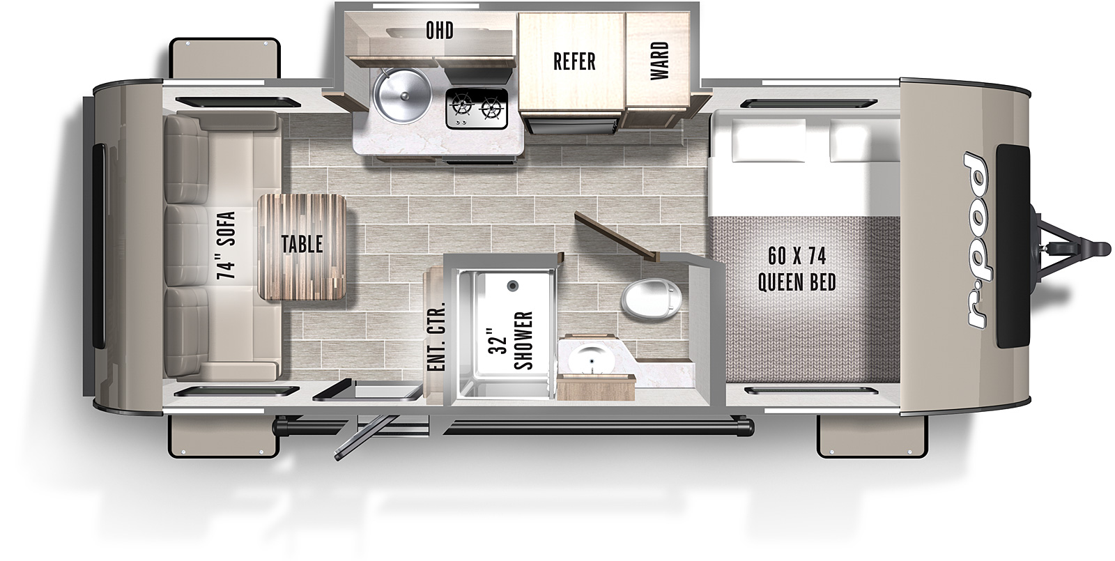 The RP189 - Dealer Stock Only has one entry door, an off-door slide room, rear pass-through storage, front storage compartment on the exterior. Customers can choose the R-dome or a 10' awning. Inside, there is a 60" x 74" queen bed across the front wall. Looking toward the rear of the vehicle, you have a kitchen slideout on the right wall, with a wardrobe, refrigerator, cooktop, convection microwave, and single basin sink, with cabinets mounted overhead. On the left wall is the bathroom containing a 32" shower, sink with medicine cabinet, and commode. Next to the bathroom is an entertainment center that faces the rear wall. A 74" sofa with removable table is located across the rear wall.