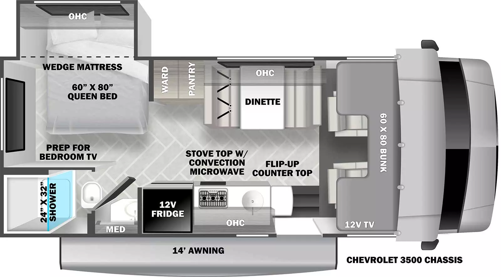 The 2251SLE has 1 off-door side slide out. Exterior features include a 14 ft. awning and is built on the Chevrolet 3500 chassis.  Interior layout from front to back includes a 60 x 80 cab over bunk with 12V TV; off-door side dinette; door side kitchen with 12V refrigerator, stovetop with convection microwave, sink, overhead cabinet and countertop extension; pantry and wardrobe across from the refrigerator; rear corner door side bathroom with 24 x32 shower, toilet, vanity and medicine cabinet; rear off-door side corner bedroom with 60 x 80 wedge mattress in an off-door side slide out with overhead cabinet and prep for bedroom TV.