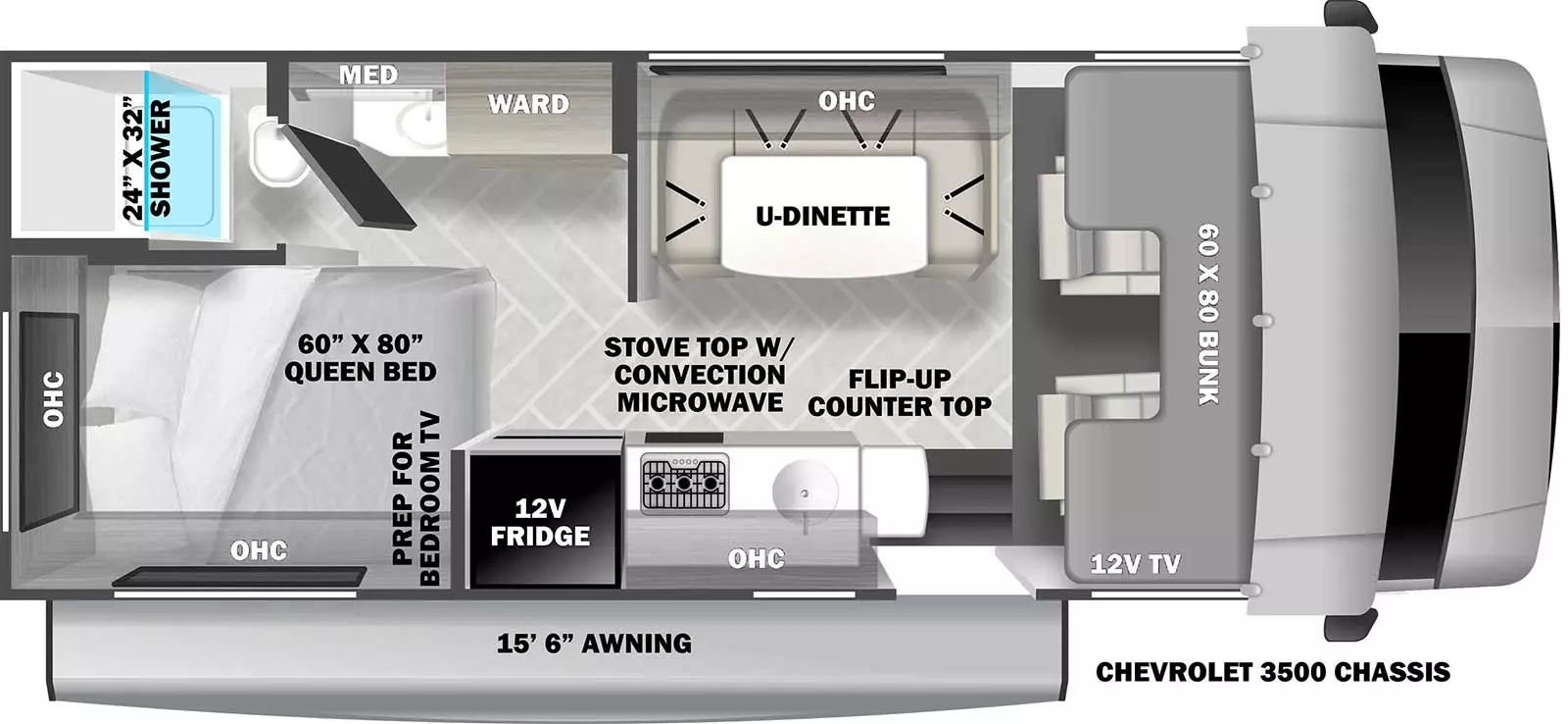 The 2351LE has no slide outs. Exterior features include a 15 ft. 6 in. awning and it is built on the Chevrolet 3500 chassis. Interior layout from front to back includes: front 60 x 80 cab over bunk with 12V TV; off-door side U-Dinette with overhead cabinet; door side kitchen with 12V refrigerator, stovetop with convection microwave, sink, overhead cabinet and countertop extension; wardrobe across from refrigerator; rear off-door side corner bathroom with 24 x 32 shower, toilet, vanity and medcine cabinet; door side corner 60 x 80 Queen bed with prep for bedroom TV.